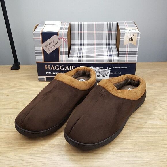 HAGGER Mens Clog Slippers Size 11 - 12 Brown Microsuede Fleece Lined Comfort - Picture 1 of 4